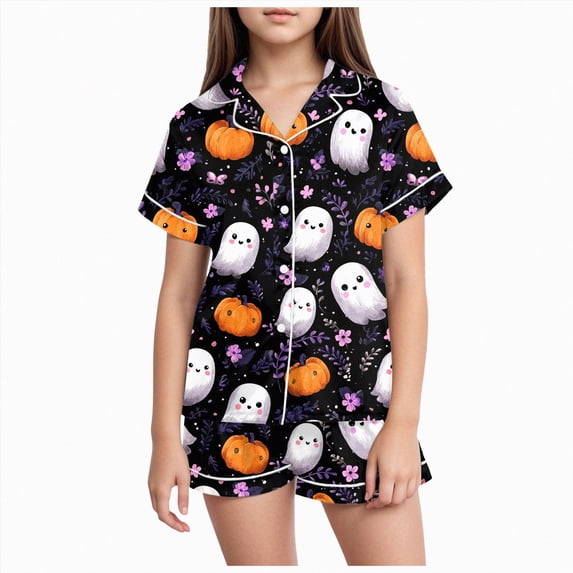 Xudanell Girls Halloween 2PCS Pajama Sets Button Down Short Sleeve with Shorts Sleepwear Fall Winter Cute Lounge Outfit Sets for 2-13T