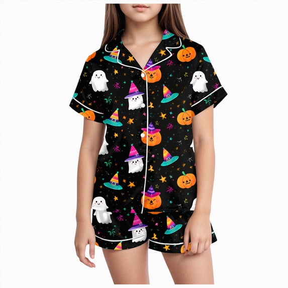 Xudanell Girls Halloween 2PCS Pajama Sets Button Down Short Sleeve with Shorts Sleepwear Fall Winter Cute Lounge Outfit Sets for 2-13T