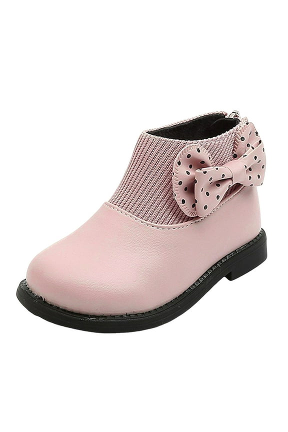 Girls Kids Boots Winter Flat Sole Girls Boots Round Toe Back Zipper Girl Shoes with Cute Polka Dots Bow