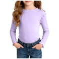 thumbnail image 1 of Xudanell Girls Lettuce Edge Trim Crewneck Long Sleeve Slim Fit Shirt Toddler Basic Ribbed Knit Tee Ruffle Shoulder Tops Size 2-3 Years, 1 of 9