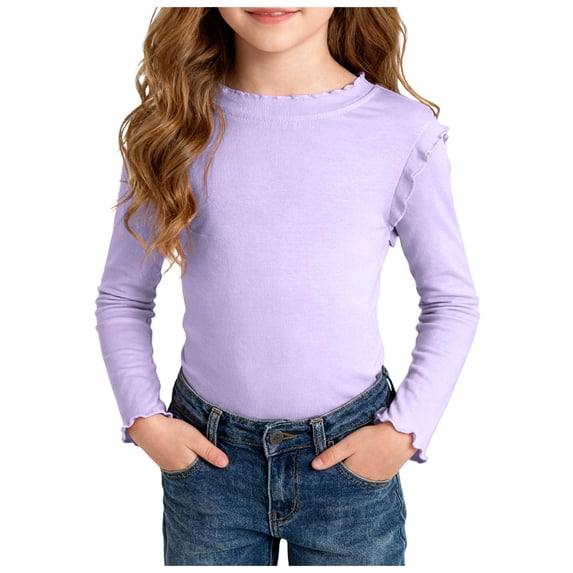 Xudanell Girls Lettuce Edge Trim Crewneck Long Sleeve Slim Fit Shirt Toddler Basic Ribbed Knit Tee Ruffle Shoulder Tops Size 2-3 Years