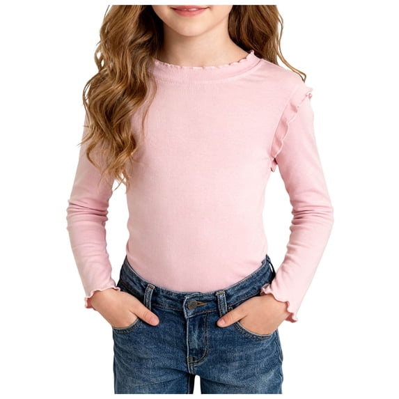 Xudanell Girls Lettuce Edge Trim Crewneck Long Sleeve Slim Fit Shirt Toddler Basic Ribbed Knit Tee Ruffle Shoulder Tops Size 5-6 Years
