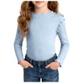 thumbnail image 1 of Xudanell Girls Lettuce Edge Trim Crewneck Long Sleeve Slim Fit Shirt Toddler Basic Ribbed Knit Tee Ruffle Shoulder Tops Size 5-6 Years, 1 of 9
