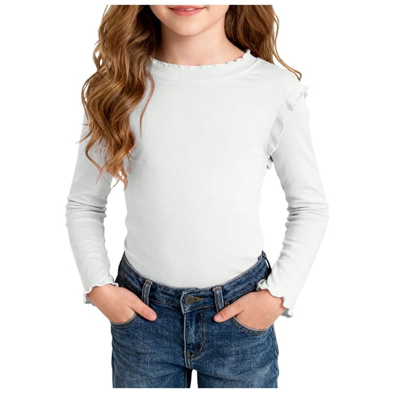 Xudanell Girls Lettuce Edge Trim Crewneck Long Sleeve Slim Fit Shirt Toddler Basic Ribbed Knit Tee Ruffle Shoulder Tops Size 5-6 Years