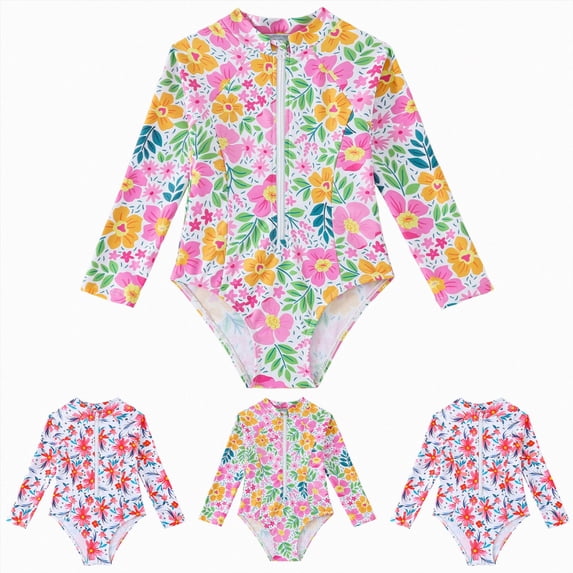 Xudanell Girls Long Sleeve Rash Guard One Piece Swimsuits UPF 50+ Ruffle Zipper Bathing Suit (Yellow, 6-7 Years)