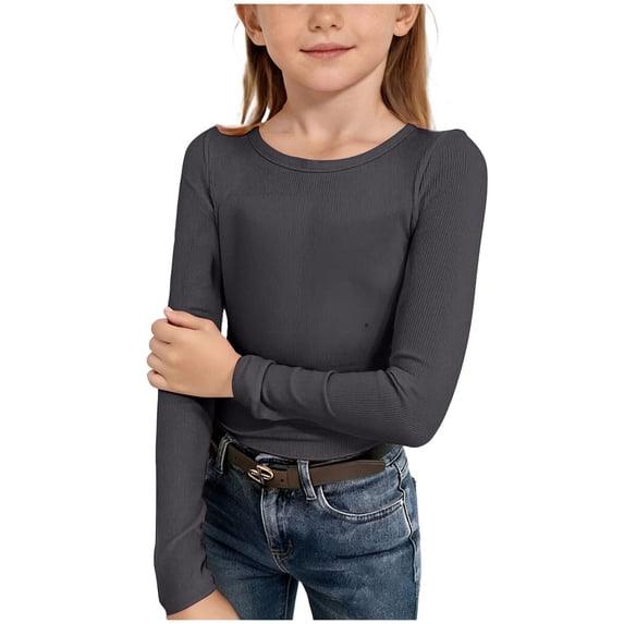 Xudanell Girls Long Sleeve Shirts Crewneck Ruched Side Slim Fit Tops Ribbed Knit Casual Tee Shirt Size 13-14 Years