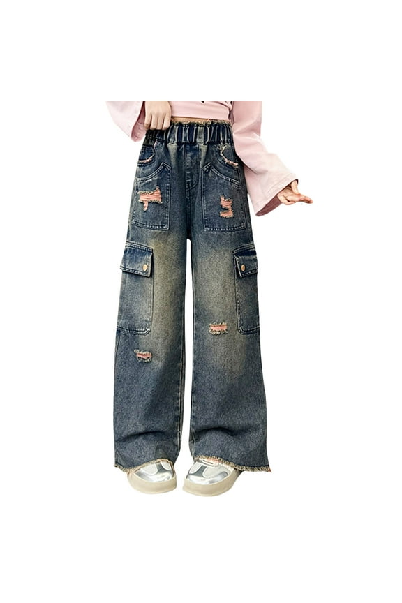 Girls Pants Wide Leg Jeans for Girls 10-12 Pull On Baggy Pants Clothes for Teens Denim Ripped Junior Jeans Birthday Wear