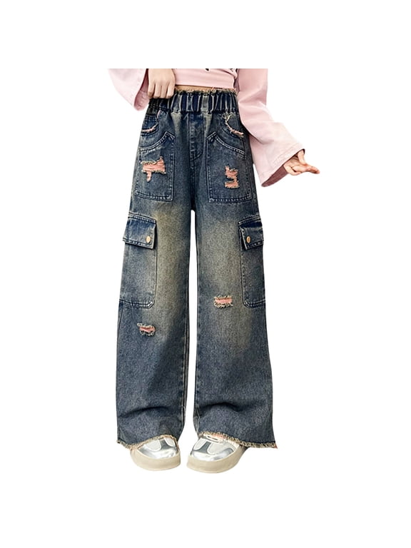 Girls Pants Wide Leg Jeans for Girls 10-12 Pull On Baggy Pants Clothes for Teens Denim Ripped Junior Jeans Birthday Wear