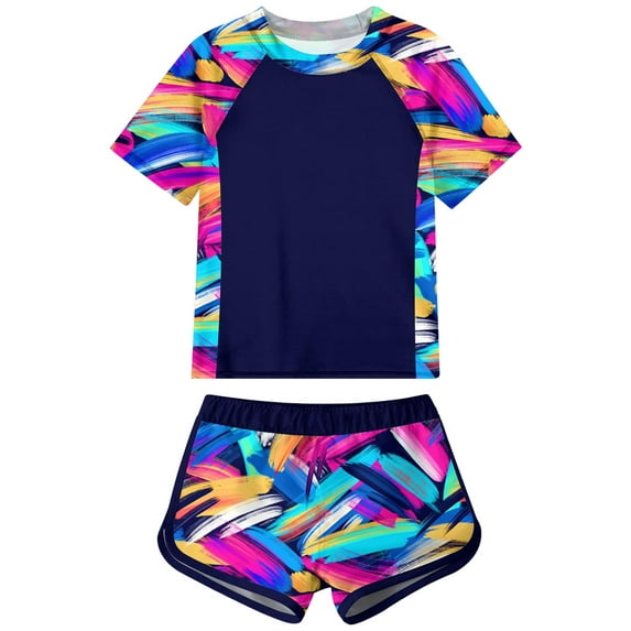 Xudanell Girls Rash Guard Swimsuit 2-Piece Bathing Suit UPF 50+ Summer Beach Swimwear Size 7-16T (Navy, 9-10 Years)