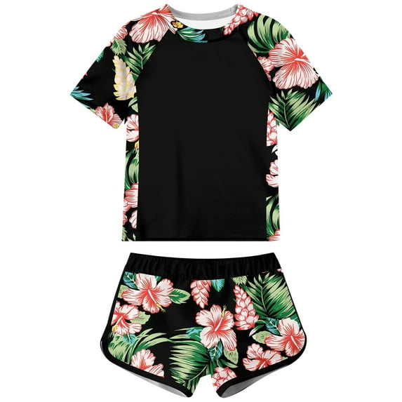 Xudanell Girls Rash Guard Swimsuit 2-Piece Bathing Suit UPF 50+ Summer Beach Swimwear Size 7-16T (Pink, 3-4 Years)