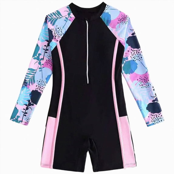 Xudanell Girls Rash Guard Swimsuit One Piece Short Sleeve Front Zipper Swimwear UPF 50+ Bathing Suits (Black, 11-12 Years)
