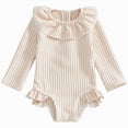 thumbnail image 1 of Xudanell Girls Rash Guard Swimsuit Seersucker Long Sleeve Bathing Suits Toddler Clothes for Summer Holiday Beige 4-5 Years, 1 of 6