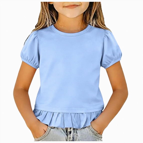 Xudanell Girls Shirts Ruffle Hem Crewneck Puff Sleeve Tees Toddler Summer Plain Basic Tops for Girls Light Blue 0-1 Years