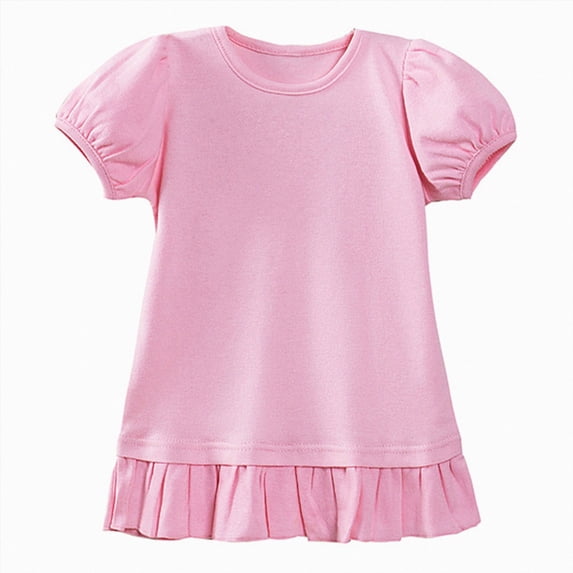 Xudanell Girls Shirts Ruffle Hem Crewneck Puff Sleeve Tees Toddler Summer Plain Basic Tops for Girls Pink 0-1 Years