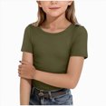 thumbnail image 1 of Xudanell Girls Short Sleeve T-Shirts Kids Rib Knit Slim Fit Tops Summer Fashion Crewneck Tees (Army Green, 13-14 Years), 1 of 4