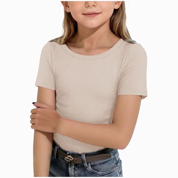 Xudanell Girls Short Sleeve T-Shirts Kids Rib Knit Slim Fit Tops Summer Fashion Crewneck Tees (Beige, 7-8 Years)