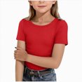 thumbnail image 1 of Xudanell Girls Short Sleeve T-Shirts Kids Rib Knit Slim Fit Tops Summer Fashion Crewneck Tees (Red, 9-10 Years), 1 of 4