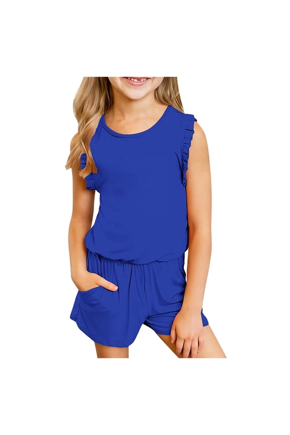Girls Summer Clothes Ruffles Sleeveless Solid T Shirt Top Shorts Outfits for Teen Girl Outfits Blue 8-9 Years