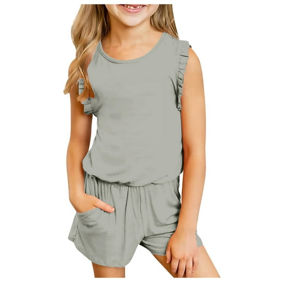 Xudanell Girls Summer Clothes Ruffles Sleeveless Solid T Shirt Top Shorts Outfits for Teen Girl Outfits Grey 13-14 Years
