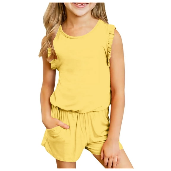 Xudanell Girls Summer Clothes Ruffles Sleeveless Solid T Shirt Top Shorts Outfits for Teen Girl Outfits Yellow 11-12 Years