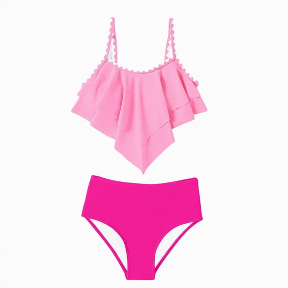 Xudanell Girls Swimsuit 2 Piece Bikini Set Tiered Ruffled Bathing Suit Straps Girls' Swimwear (9-10 Years,Hot Pink)