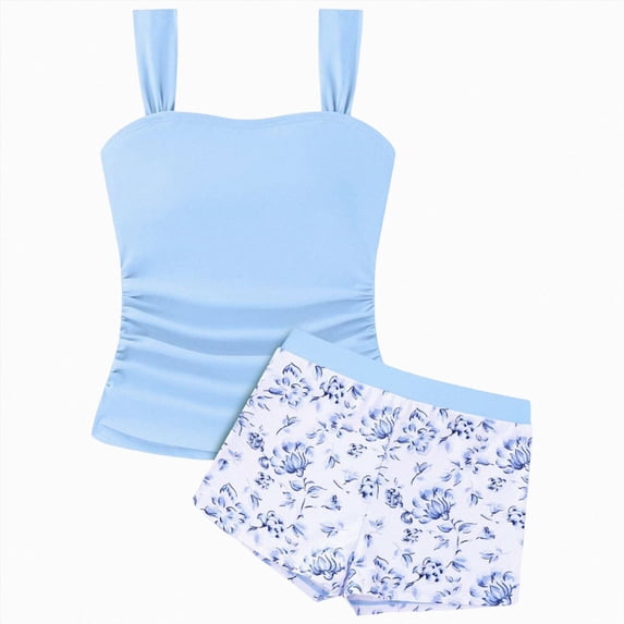 Xudanell Girls Swimsuit 2 Piece Tankini Swimsuit Drawstring Colorblock Swim Skorts Girl Bathing Suit (11-12 Years,Sky Blue)