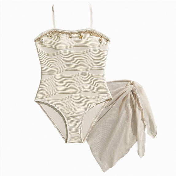 Xudanell Girls Swimsuit One-One Piece Bathing Suits Multicolor Kids Sport Summer Beach Swimwear for 2-12 Years Old (Beige, 11-12 Years)