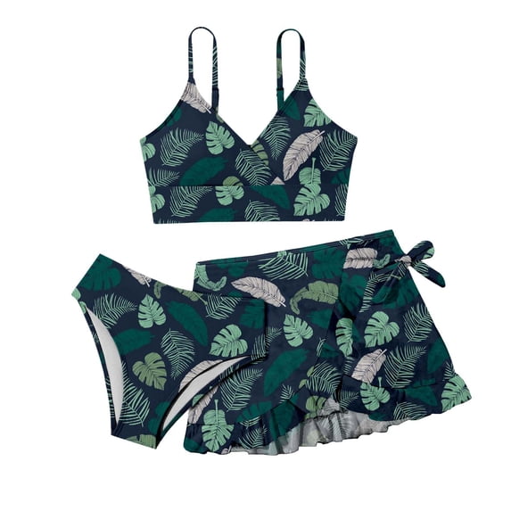Xudanell Girls Swimsuits 3 Piece Bathing Suit Allover Printed Criss Cross Bikini Set with Cover Up Skirt Beach Swimwear 7-16 Years (Dark Green, 10-11 Years)