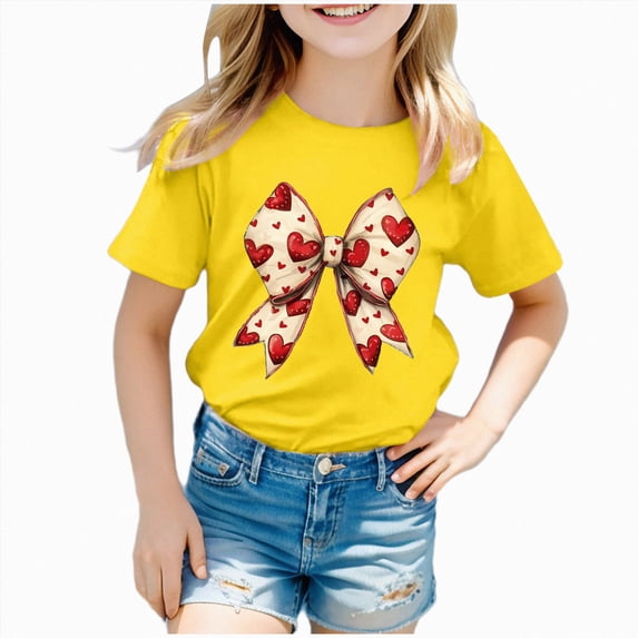 Xudanell Girls T Shirts Cute Heart Butterfly Motif Short Sleeve T Shirt for Girl Crewneck Summer Fashion Yellow 1-2 Years