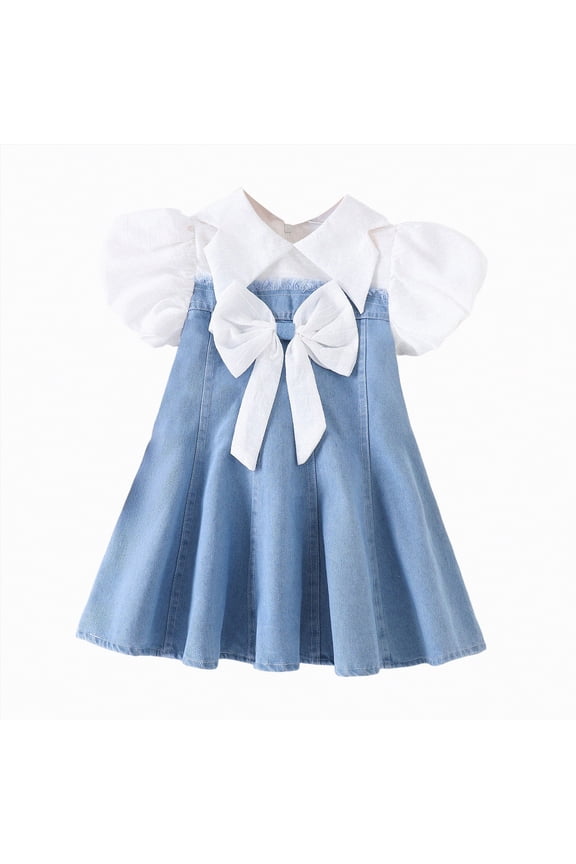 Girls Toddler Dress Bubble Sleeves Girls Denim Dress with Bowknot Chic Toddler Baby Clothes