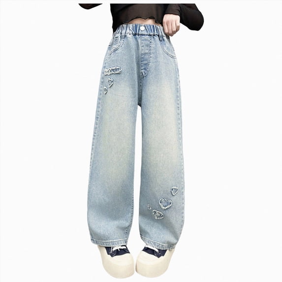 Xudanell Girls Wide Leg Jeans Casual Baggy Elastic Jean Trousers with Heart Print Loose Blue 13-14 Years