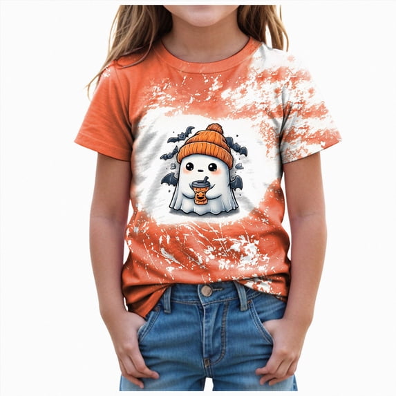 Xudanell Halloween Shirts for Girls Pumpkin Ghost Graphic Tshirts Cotton Short Sleeve Tee 1-14 Years,Size 18-24 Months