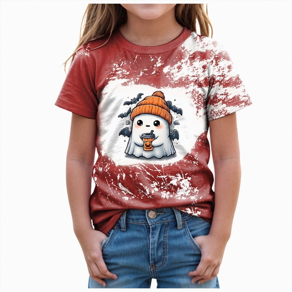 Xudanell Halloween Shirts for Girls Pumpkin Ghost Graphic Tshirts Cotton Short Sleeve Tee 1-14 Years,Size 18-24 Months