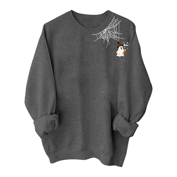 Xudanell Halloween Sweatshirts for Women Printed Round Neck Womens Clothes Graphic Oversized Sweatshirts Fall Long Sleeve Dark Gray XL