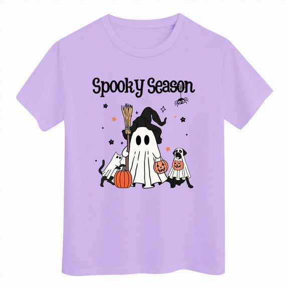 Xudanell Halloween T Shirt for Girls Cute Ghost Graphic Short Sleeve Crew Neck Holiday Top