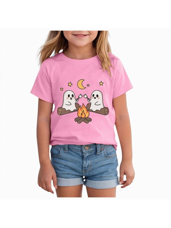 Halloween T Shirt for Girls Cute Ghost Graphic Short Sleeve Crew Neck Holiday Top