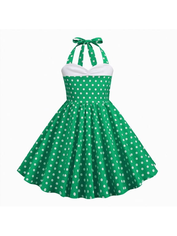 Halter Pinup Dresses for Girls 50s Pin up Dress Girls Retro Dress 1950s Vintage Dress Kids A 50's Polka Dot Dress (Green, 11-12 Years)
