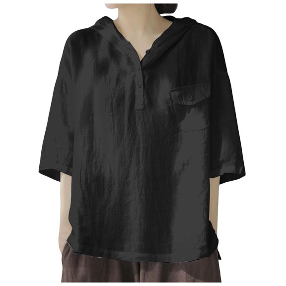 Xudanell Hooded Sweatshirt Women Thin Loose Button Short Sleeved Cotton Linen Summer Fashion Plus Size Black XXL