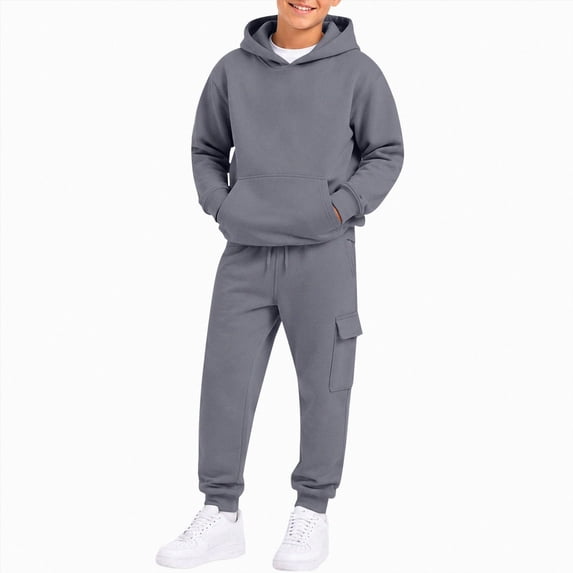 Xudanell Hoodie Sweatsuit Set for Boys Girls 2 Piece Hooded Sweatshirt Jogger Sweatpants Tracksuit Kids Athletic Solid Outfits (Grey,9-10 Years)