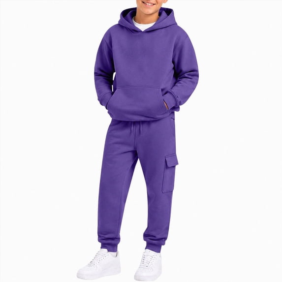 Xudanell Hoodie Sweatsuit Set for Boys Girls 2 Piece Hooded Sweatshirt Jogger Sweatpants Tracksuit Kids Athletic Solid Outfits (Purple,7-8 Years)