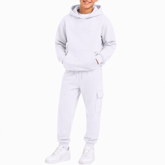 Xudanell Hoodie Sweatsuit Set for Boys Girls 2 Piece Hooded Sweatshirt Jogger Sweatpants Tracksuit Kids Athletic Solid Outfits (White,9-10 Years)