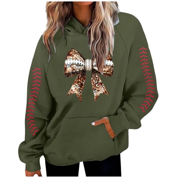 Xudanell Hoodies for Teen Girls Comfortable Youth Bow Glitter Print Hoodie Sweatshirts Women Plus Size Tops Green L