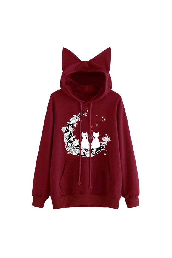 Hoodies for Women Cat Printed Oversized Pullover Long Sleeve Autumn Winter Streetwear Pocket Red M