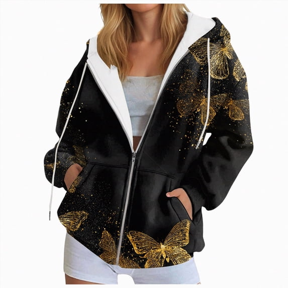 Xudanell Hoodies for Women Plus Size Sweatshirt Graphic Womens Zip up Hoodies with Pocket Contrast Stitching