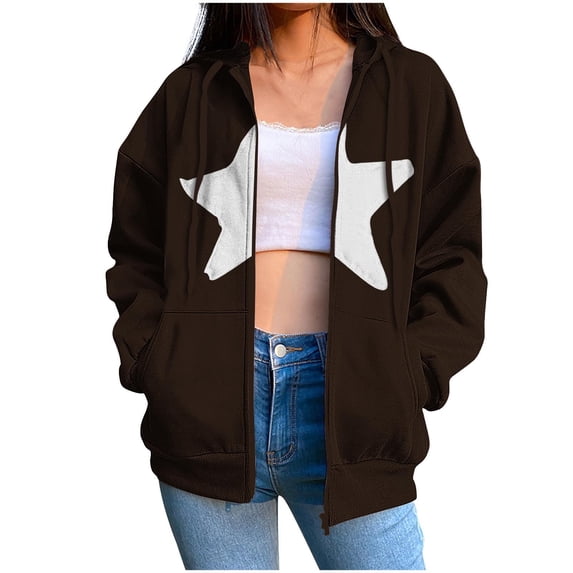 Xudanell Zip up Hoodie Women Baggy Sweatshirts Solid Color Stars Hoodies Plus Size Gym Clothes for Women Brown L