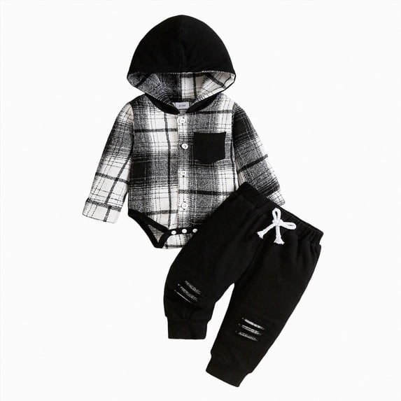 Xudanell Infant Baby Fall Clothes Boy Girl Plaid Hoodie Sweatshirt Romper Flannel Tops+ Sweatpants Festival Outfits (Black,1-3 Months)