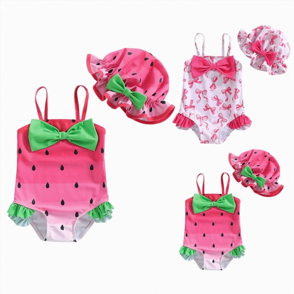 Xudanell Infant Baby Girl Spring Summer Swimsuit Cute Tankinis Toddler 6 12 18 24 Months Girls Sleeveless Swimwear Hat (Red, 12-18 Months)