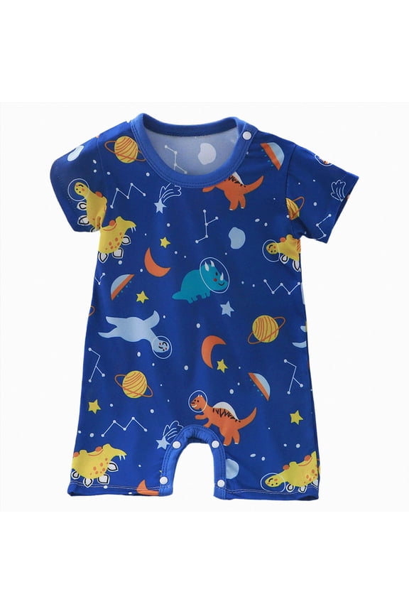 Infant Boys Cotton Rompers Cartoon Jumpsuit Clothes 1-12M Crawling Clothes Summer Thin Short Sleeve Bodysuit (Dark Blue,6-9 Months)