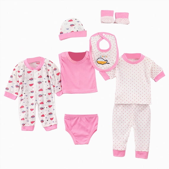 Xudanell Infant Outfits for Girls Short Sleeve Baby Clothes 8 Piece Set Romper Pants Headband Socks Bib Newborn Pink 0-3 Months
