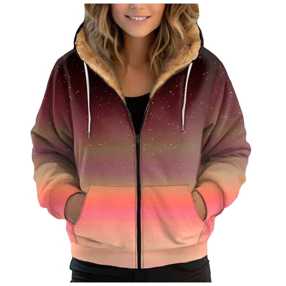 Xudanell Jackets for Women Warm Hooded Jacket Gradient Zipper Hoodie Drawstring Jacket Lined Plush Women Fashion Hoodies Light Pink XXXXL